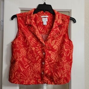 Nicole Miller New York Red Tropical Linen Sleeveless Button Front Top Size Large
